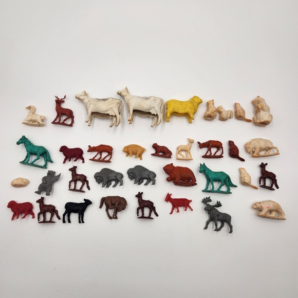 Tim-Mee Toys Other - Vintage Plastic Animal Figurine Lot Cows Horses Deer Bears Buffalo 35pc Toy Set‎